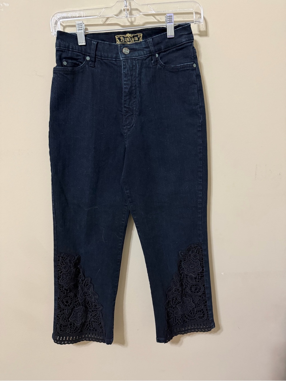 Bestow Women's Navy Cropped cotton Jeans 4 with Lace Hem goth chic classic edgy